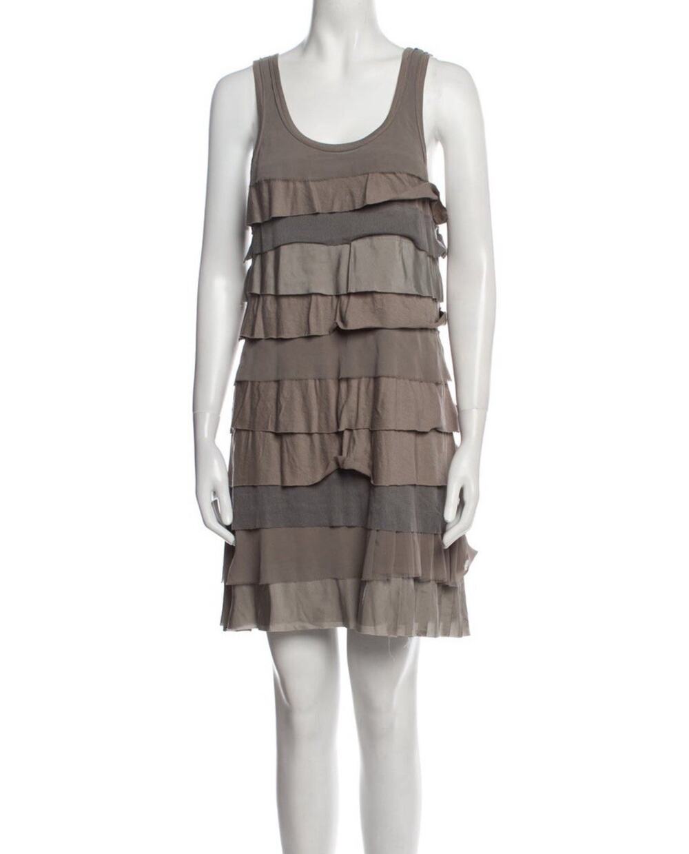 THEORY Silk-Blend Tiered Cascade Ruffle Sleeveless Sheath Dress Taupe Size L